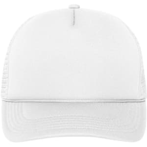 A white 5 panel retro mesh trucker cap with a curved brim and a branding logo.