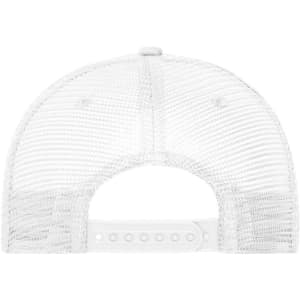 A white 5 Panel Retro Mesh Trucker cap featuring a mesh back and an adjustable strap.