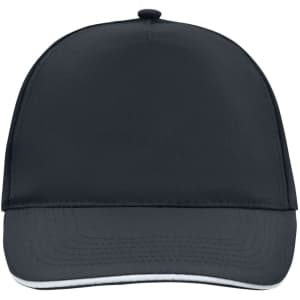 A black 5-panel sandwich cap featuring a flat brim and a logo on the front.