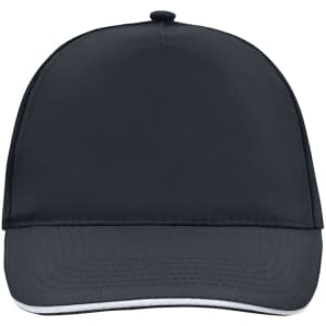 A black 5 Panel Promo Sandwich Cap featuring a logo. The design includes a flat bill and stitched detailing.