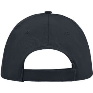 A black 5 Panel Promo Sandwich Cap featuring an adjustable back strap and ventilation holes. It has a logo.