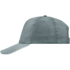 A grey 5 Panel Promo Sandwich Cap with a curved brim and a logo on the side.
