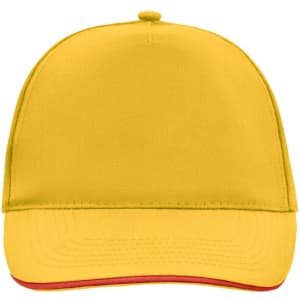 A bright yellow 5 panel sandwich cap with a red underside on the visor and a logo on the front.