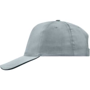 A grey five-panel cap featuring a curved peak and a logo on the side.
