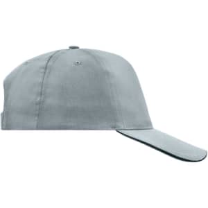 A grey 5 panel cap with a curved brim and an adjustable strap at the back, featuring a logo.