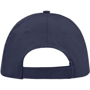 A navy blue 5 Panel Promo Sandwich Cap featuring a rear adjustable strap and a logo.