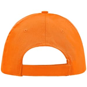 An orange 5 Panel Promo Sandwich Cap featuring an adjustable strap at the back and a logo on the side.
