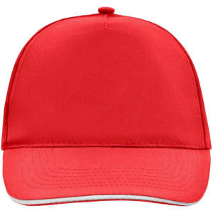 A red 5 panel cap with a structured front and a curved visor, featuring a logo on the front.
