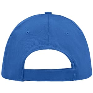 A blue 5-panel promo sandwich cap featuring a logo on the back. The cap has an adjustable strap.