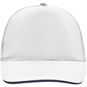 A white 5 Panel Promo Sandwich Cap featuring a curved brim and a logo on the front.