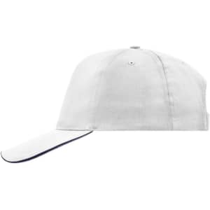 A white 5 panel cap with a sleek design, featuring a contrasting trim and a logo on the front.