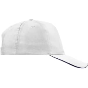 A white 5 Panel Promo Sandwich Cap with a navy underbrim and a logo on the front.