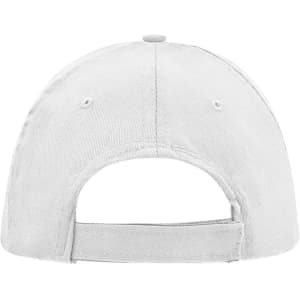 A white 5 Panel Promo Sandwich Cap featuring a rear adjustable strap and ventilation holes. It has a logo on the side.