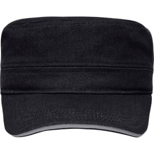 A black Military Sandwich Cap with a structured design, featuring a logo on the front.
