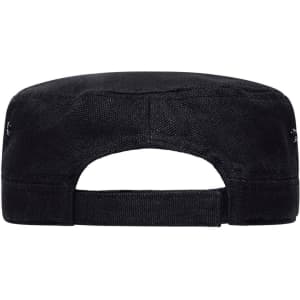 A black military sandwich cap featuring a flat brim and a back strap, with a logo on the side.