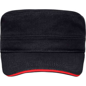 A military-style cap in black with a red accent along the brim, featuring a logo.