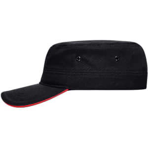 A black military-style cap with a flat brim and red detailing, featuring ventilation eyelets and a logo.