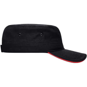 A black Military Sandwich Cap with a red underset brim and side vents, featuring logo branding.