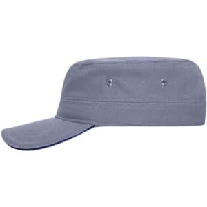 A grey military-style sandwich cap with a flat brim and ventilation eyelets. It features a logo.