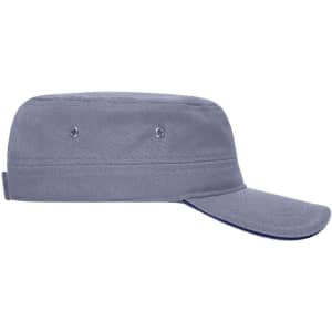 A grey military-style cap featuring a flat top and a curved brim, complete with ventilation holes and a logo.