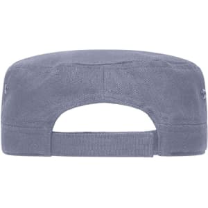 A grey military-style cap with a flat crown and adjustable strap at the back, featuring a logo.