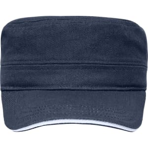 A blue military-style cap with a flat top and a contrasting trim. It features a logo on the front.