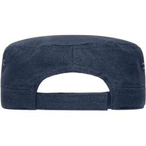 A dark navy cap featuring a flat design and adjustable strap at the back, with a logo on the side.
