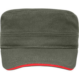 A military-style cap in olive green with a red underside. It features a logo on the front.