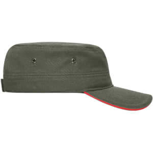 A military-style cap in green with a red underside on the brim, featuring ventilation holes and a branding logo.