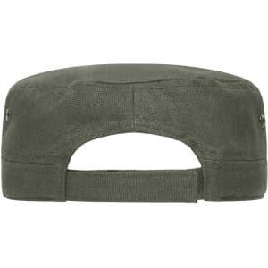 A military-style cap in olive green with a flat brim and an adjustable back strap. It features a logo.