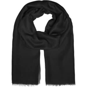 A black scarf with a soft texture and fringed edges, featuring a logo.