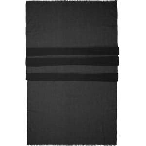 A black scarf with three wide black bands, featuring a fringed edge and a simple design.