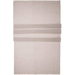A light beige scarf with three matching fabric bands across the centre. The edges are fringed.