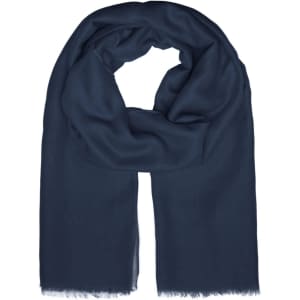 A navy blue scarf with a soft texture and fringed edges. It has a simple design and features a logo.