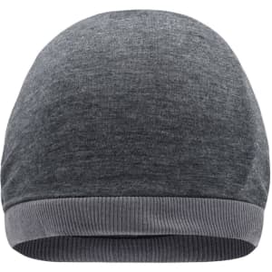 A grey beanie featuring a smooth finish and a ribbed bottom band, with a branding logo present.
