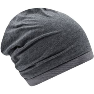 A grey beanie with a textured finish and a contrasting band at the bottom, featuring a logo.