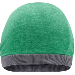 A green beanie with a grey ribbed brim, featuring a logo on the side.