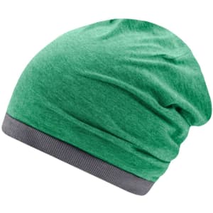 A green beanie with a grey cuff, featuring a soft, textured fabric and a relaxed fit.