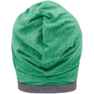 A green beanie with a textured design and a grey band at the bottom. It has a branding logo.