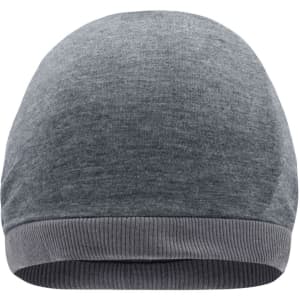 A grey beanie with a ribbed brim, featuring a soft, heathered texture and a branded logo.