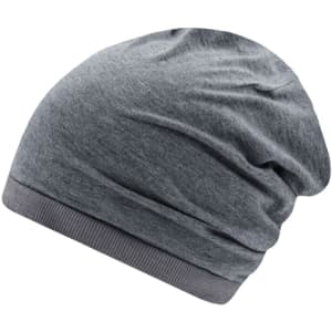 A grey beanie with a soft, slouchy design, featuring a ribbed band at the base and minimal creasing.