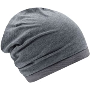 A grey slouch beanie featuring a soft material and a snug band at the base. It has a branding logo.