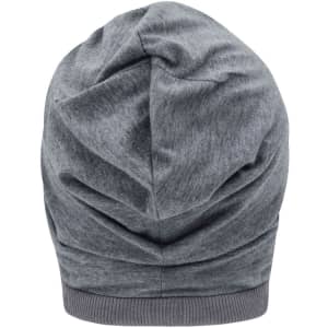 A grey beanie with a textured finish, featuring a rolled hem and gathered design at the top.