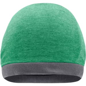 A green beanie with a grey ribbed cuff. The beanie is made of a soft, textured material and features a logo.