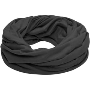 A loop scarf in a dark grey colour, featuring soft, draped fabric with a continuous, unbroken design.
