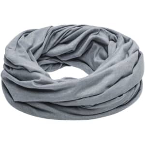 A heather grey loop-scarf with a soft, draped design. It features a logo and is made from lightweight fabric.