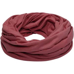 A loop scarf in a rich heather burgundy colour, featuring a soft and gathered texture.