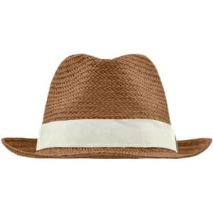 A straw hat in a warm brown colour with a light beige band around the base. It features a logo on the side.