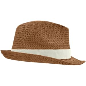 A brown straw hat with a white band, featuring a wide brim and a classic design. It includes a logo.