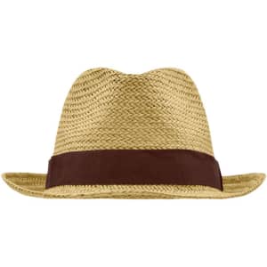 A straw hat with a wide brim and a brown band, featuring a logo on the side.